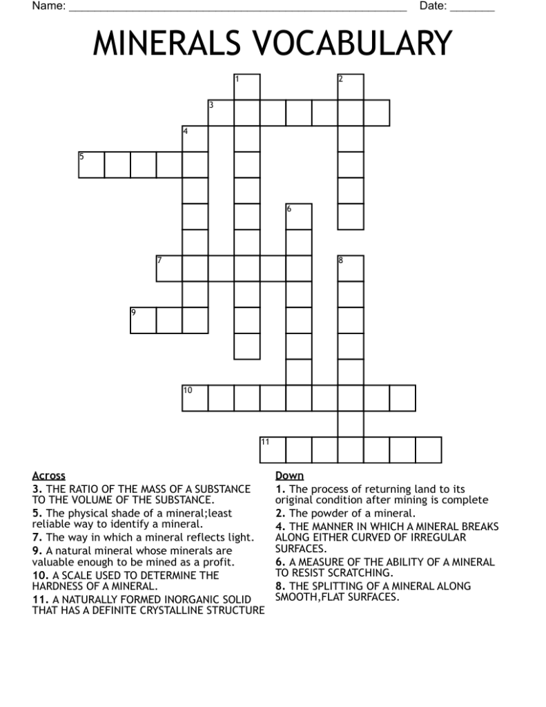 MINERALS VOCABULARY Crossword WordMint