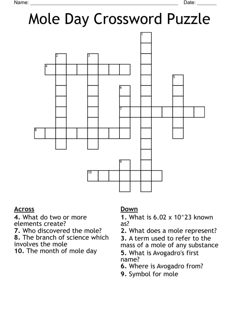 Mole Day Crossword Puzzle WordMint