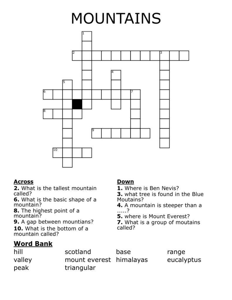 MOUNTAINS Crossword WordMint