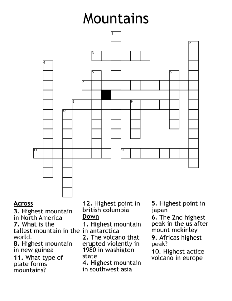 Mountains Crossword WordMint