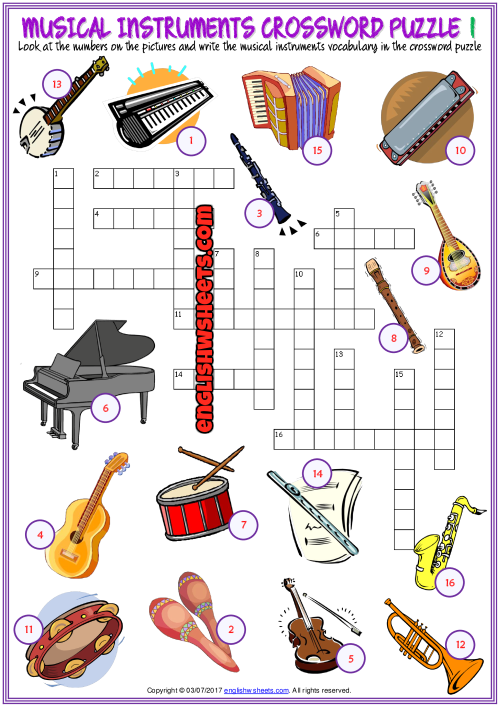 Musical Instruments Crossword Puzzle ESL Worksheets Music Vocabulary 