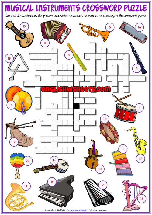 Musical Instruments Esl Crossword Puzzle Worksheet For Kids Artofit