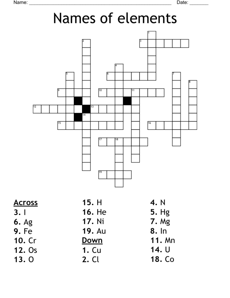 Names Of Elements Crossword WordMint