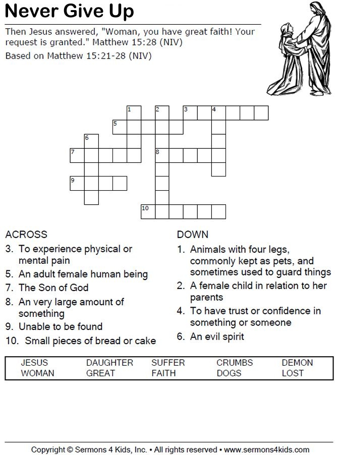 Never Give Up Crossword Puzzle Sunday School Activities Jesus 