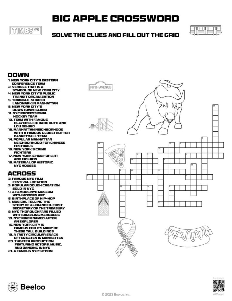 New York City themed Crossword Puzzles Beeloo Printables