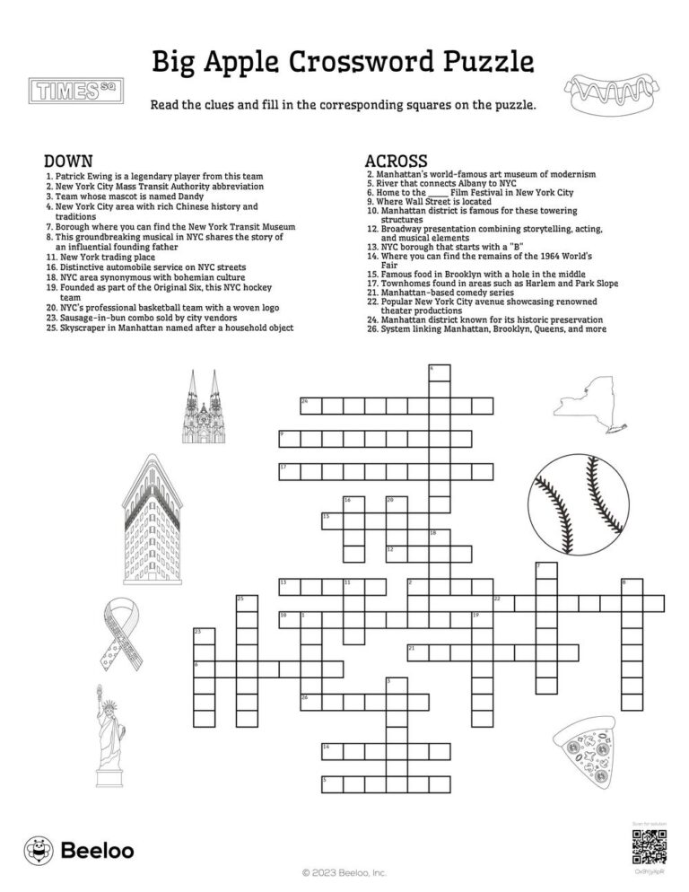 New York City themed Crossword Puzzles Beeloo Printables