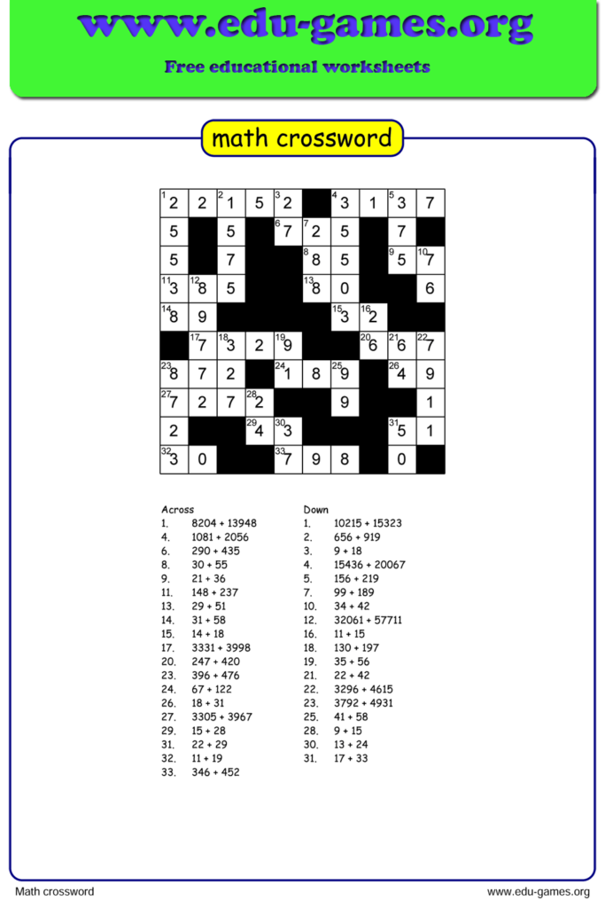 Number Crossword Puzzle Free Printable