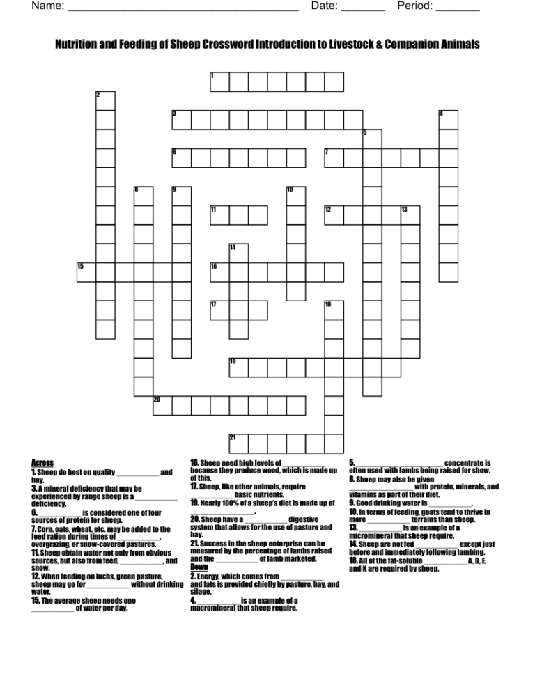 Nutrition And Feeding Of Sheep Crossword Introduction To Livestock 