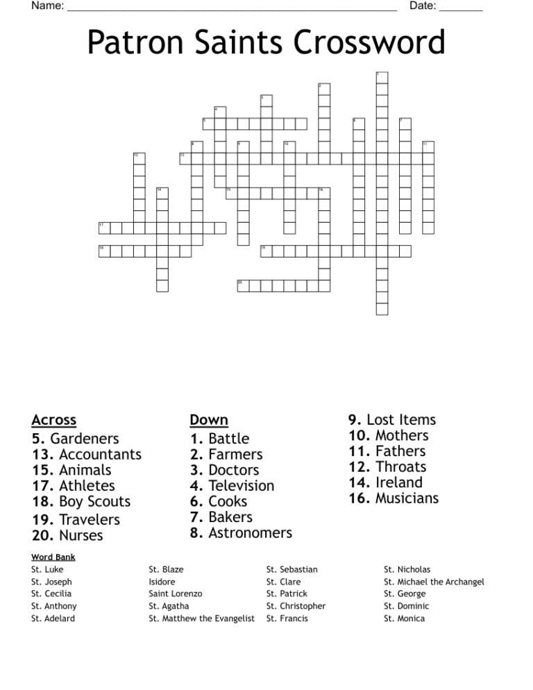 Patron Saints Crossword WordMint