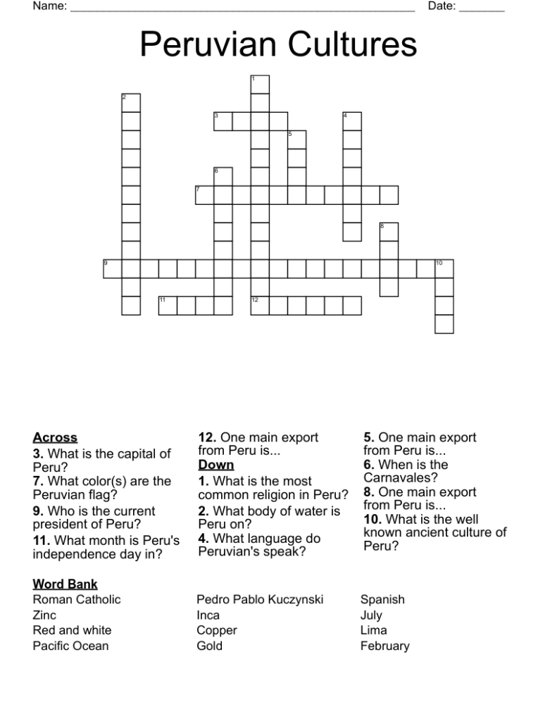 Peruvian Cultures Crossword WordMint