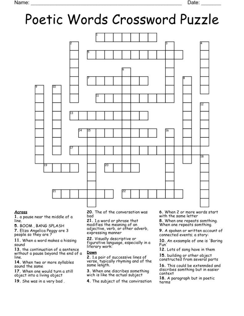 Poetic Words Crossword Puzzle WordMint