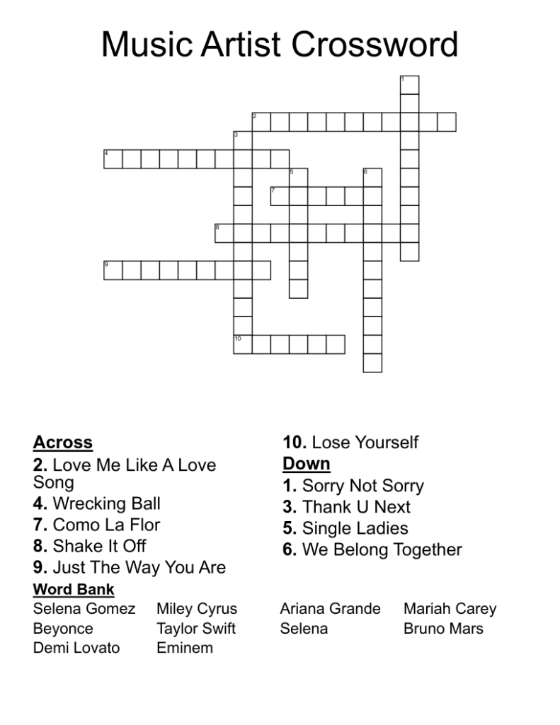 Pop Music Crossword Puzzle