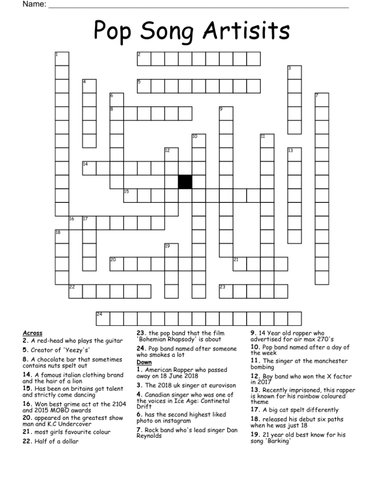 Pop Song Artisits Crossword WordMint