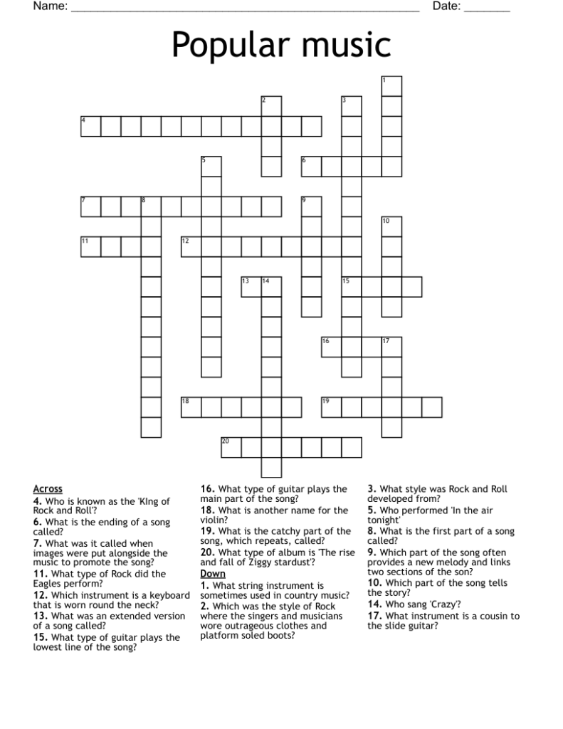 Popular Music Crossword WordMint