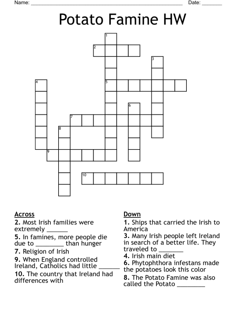 Potato Famine HW Crossword WordMint