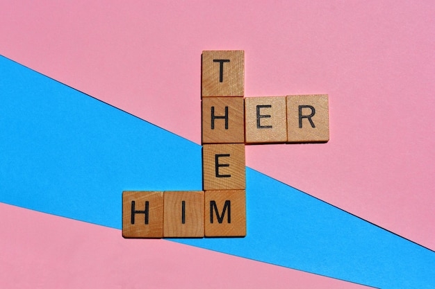 Premium Photo Him Her Them Words In Wood Alphabet Letters In 