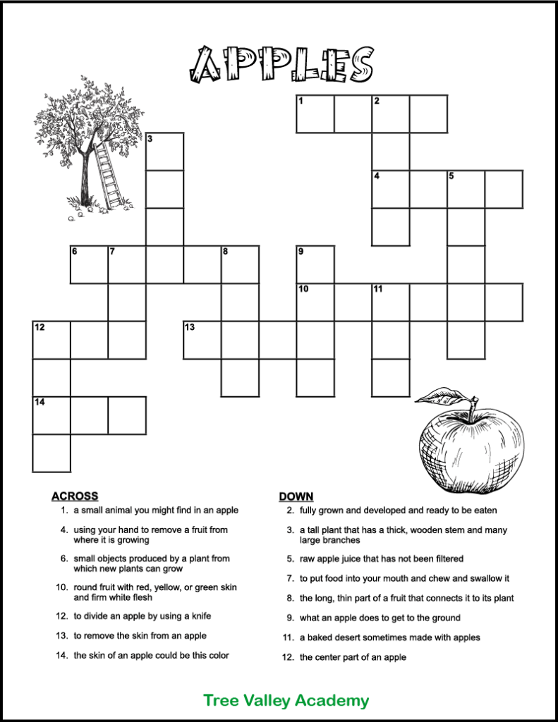 Printable Apple Crossword Puzzle For Kids Tree Valley Academy