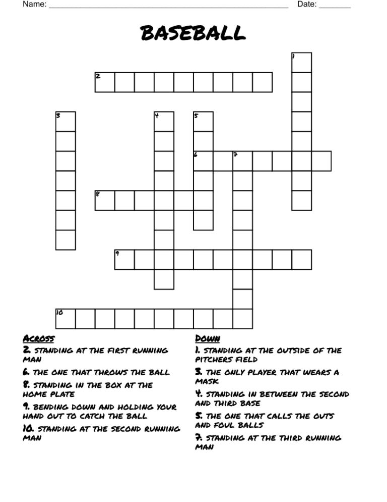 Printable Baseball Crossword Puzzles