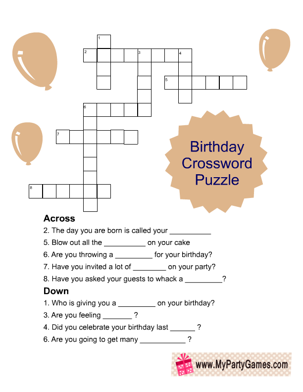 Printable Birthday Crossword Puzzle Game For Kids