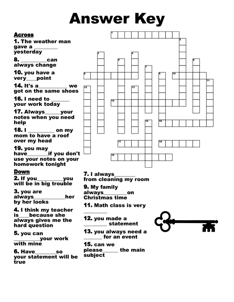 Printable Crossword Puzzle With Answer Key Printable