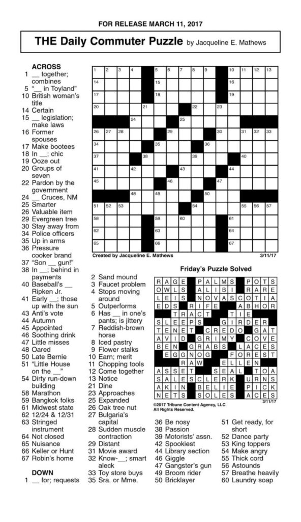 Printable Daily Commuter Crossword Puzzles