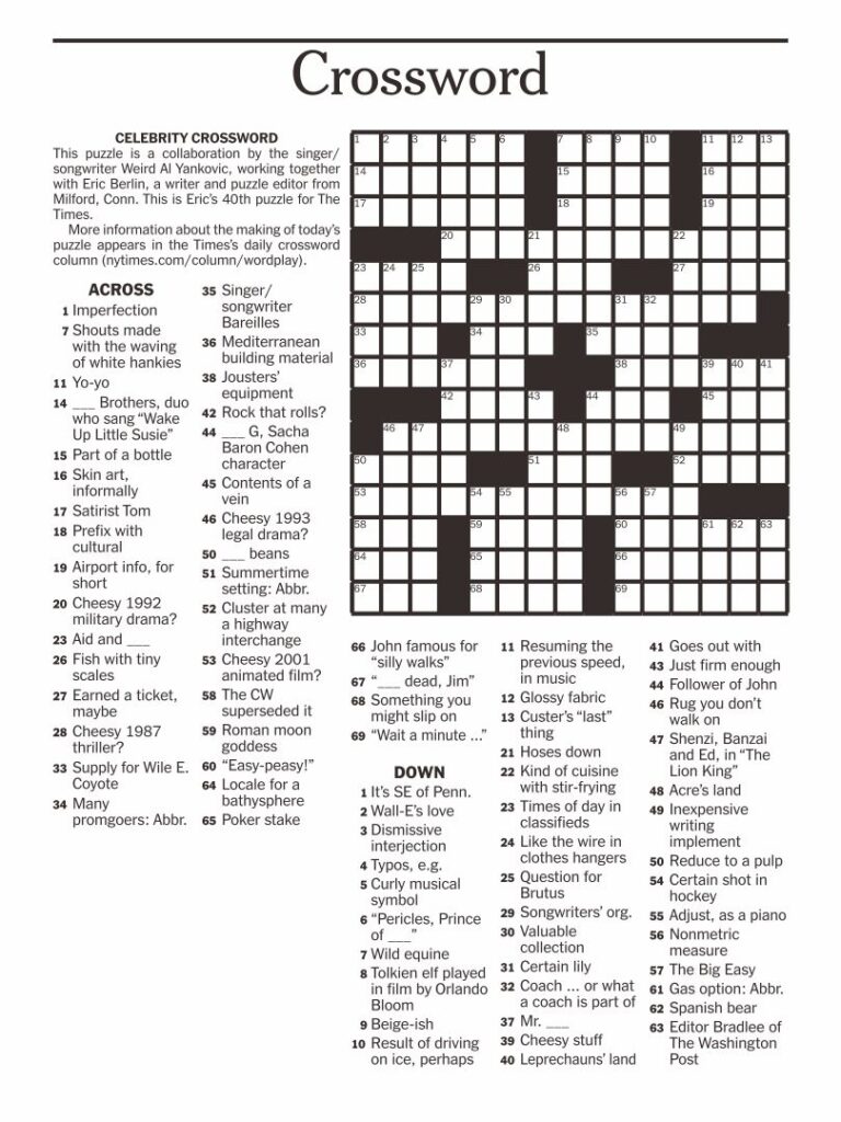 Printable NYT Sunday Crossword Puzzles Printable JD