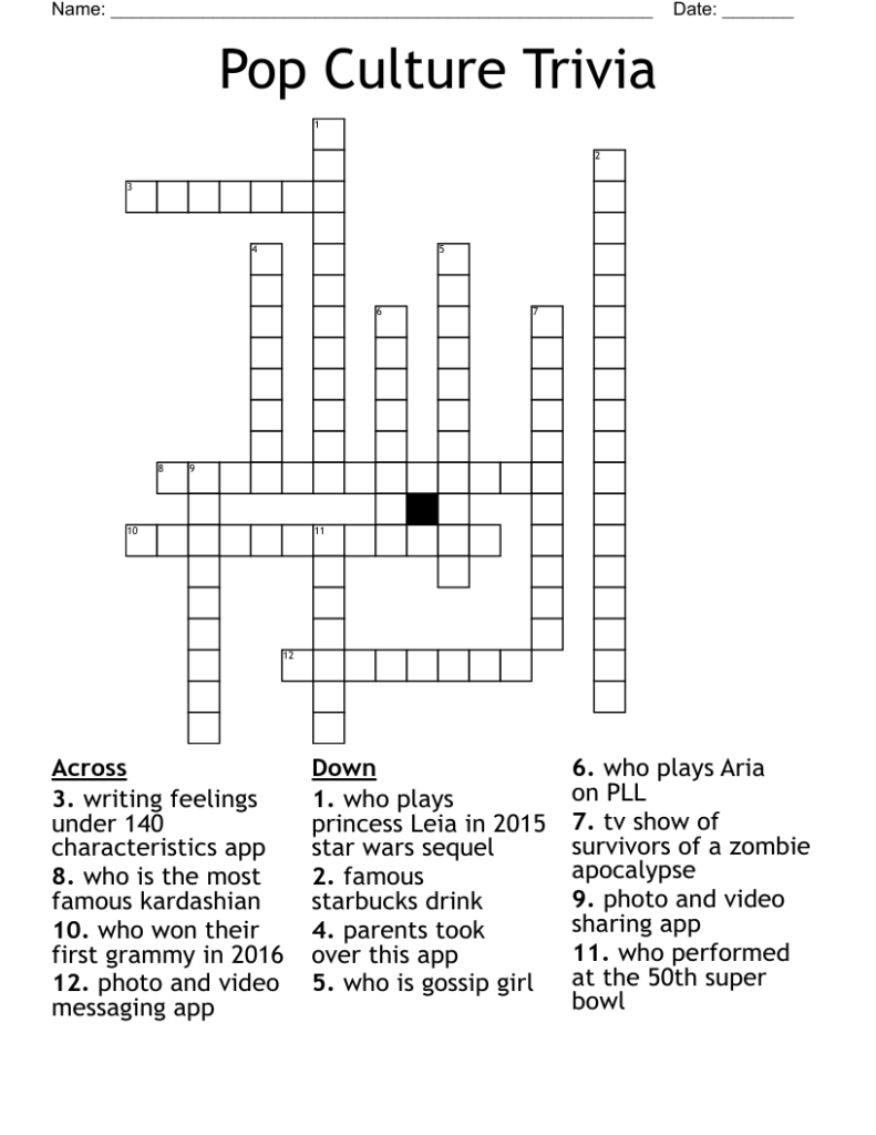 Printable Pop Culture Crossword Puzzles