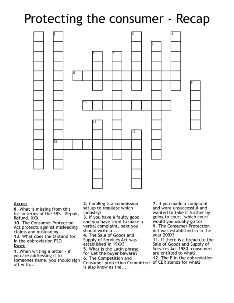 Protecting The Consumer Recap Crossword WordMint