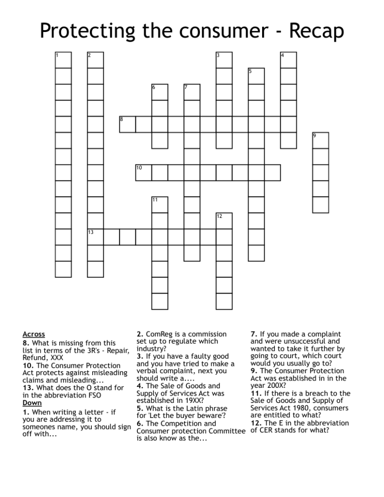 Protecting The Consumer Recap Crossword WordMint