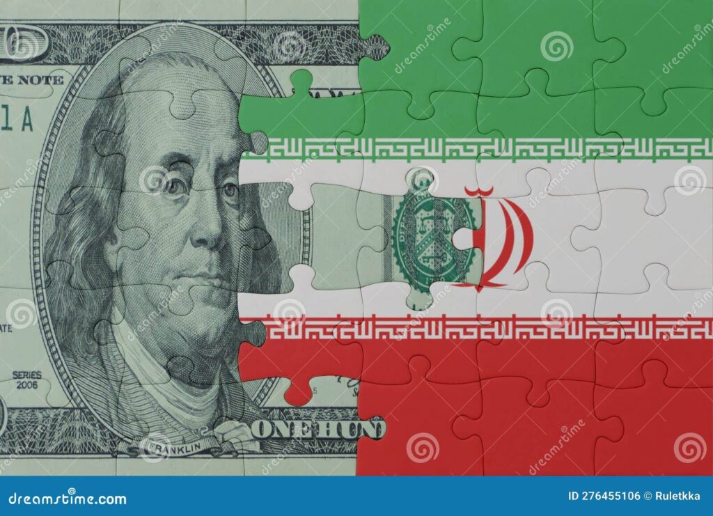 Puzzle With The National Flag Of Iran And Dollar Money Banknote Macro 