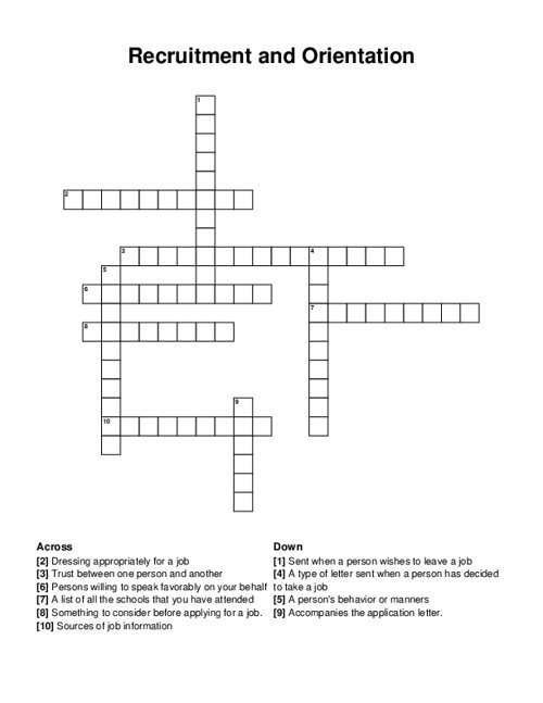 Recruitment And Orientation Crossword Puzzle