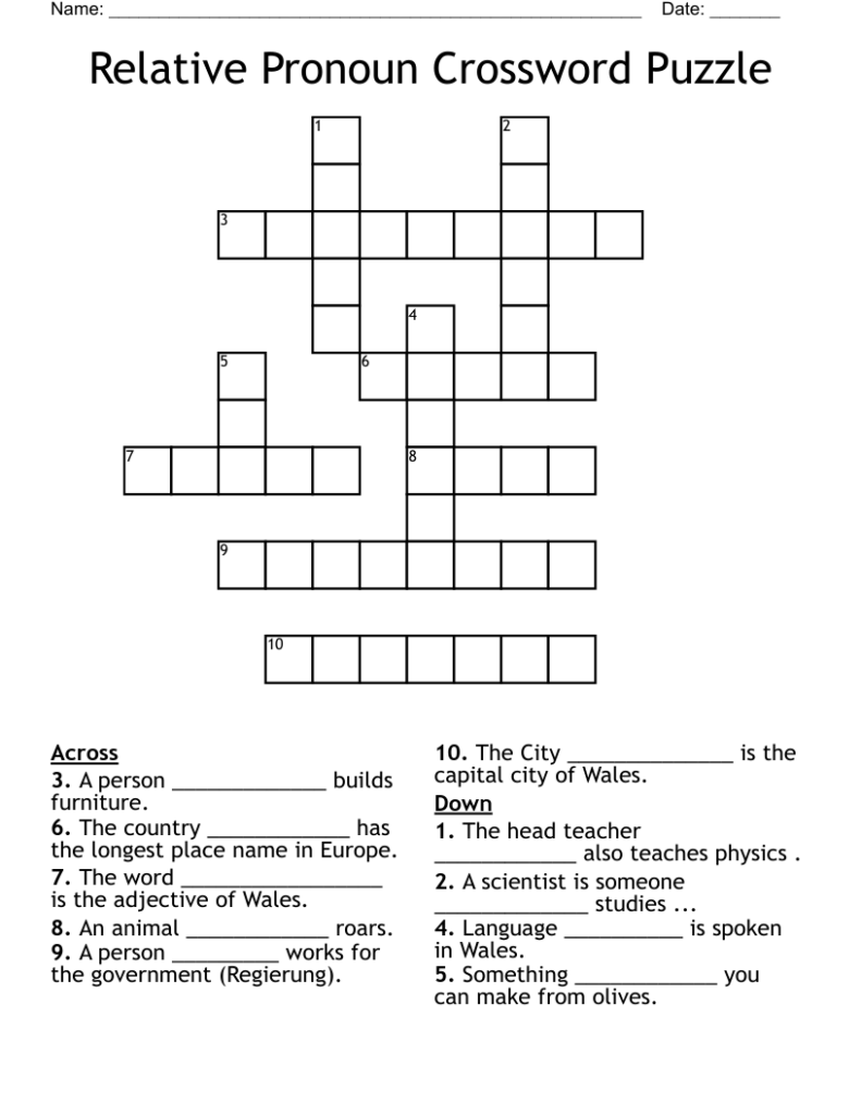 Relative Pronoun Crossword Puzzle WordMint