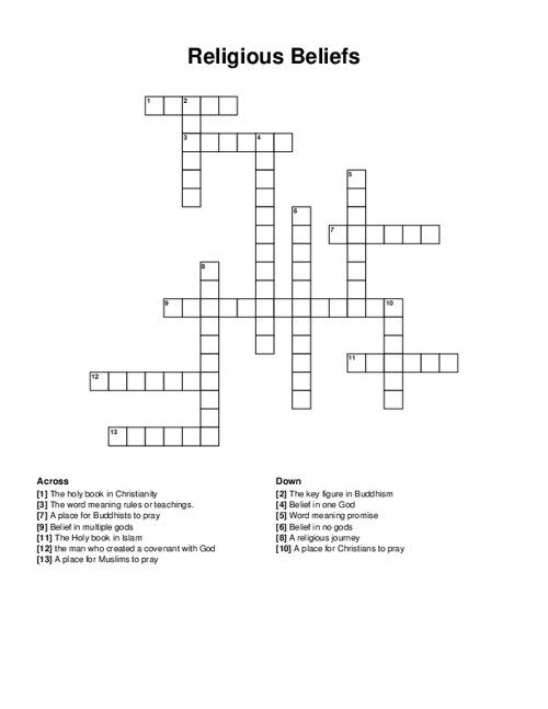 Religious Beliefs Crossword Puzzle