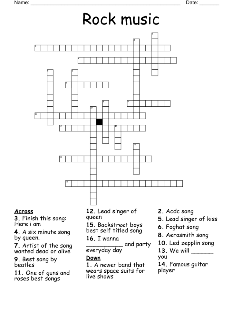 Rock Music Crossword WordMint