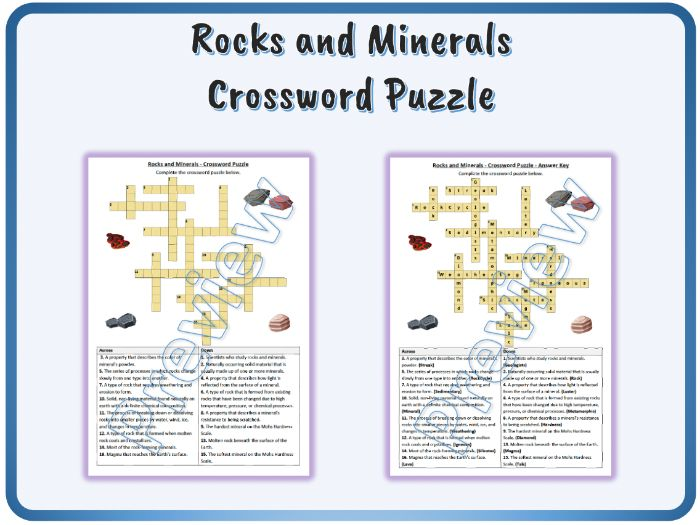 Rocks And Minerals Crossword Puzzle Worksheet Activity Printable 