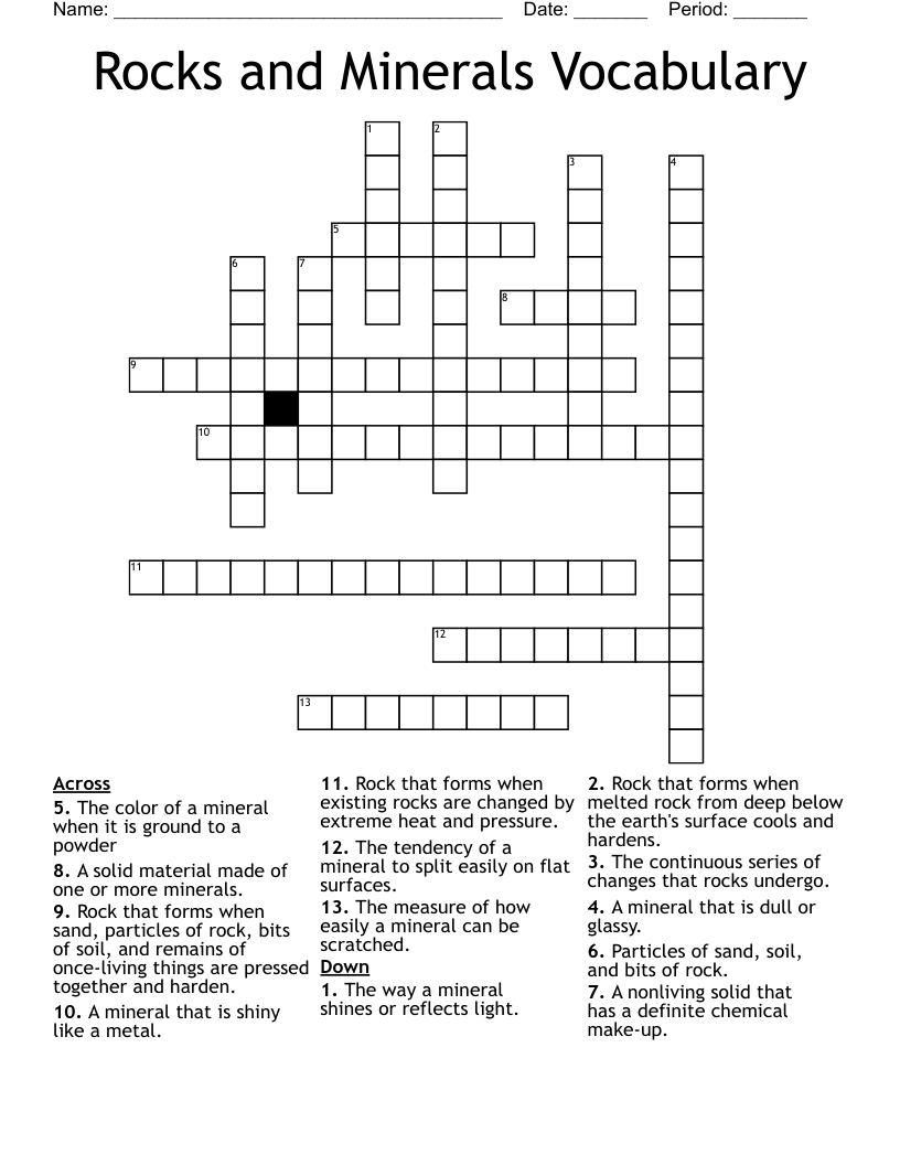 Rocks And Minerals Vocabulary Crossword WordMint