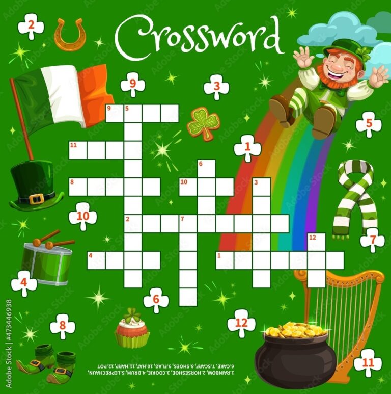 Saint Patrick Day Crossword Puzzle Game Quiz Worksheet Cartoon Vector 