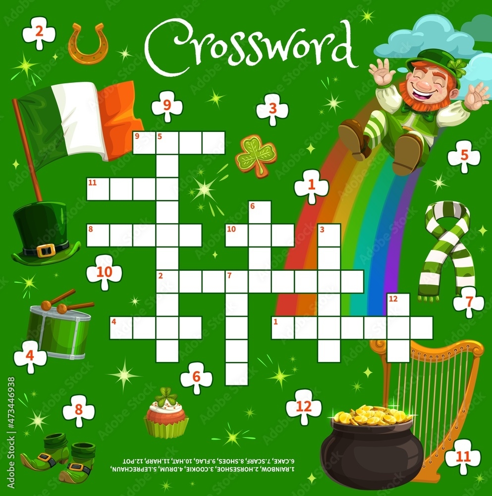 Saint Patrick Day Crossword Puzzle Game Quiz Worksheet Cartoon Vector