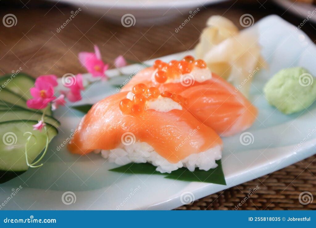 Salmon Sushi sushi Or Rice Topped With Salmon Or Salmon Roll Stock 