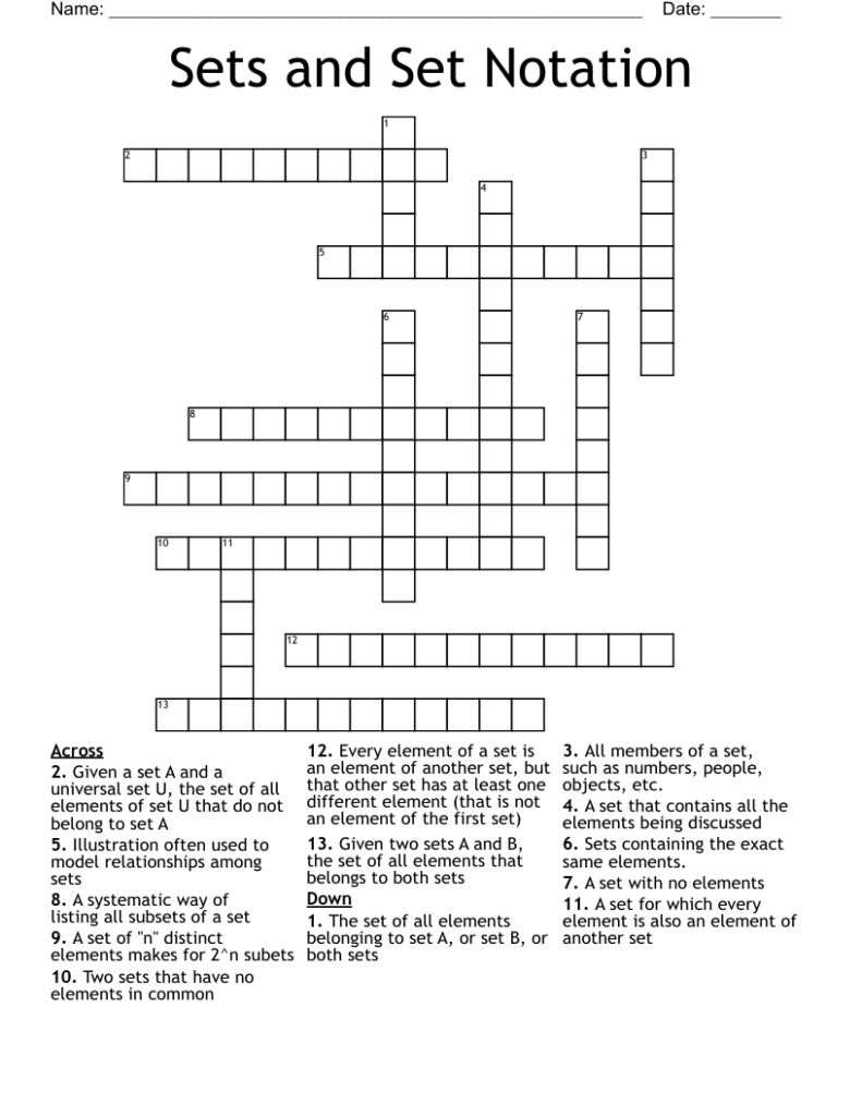 Sets And Set Notation Crossword WordMint