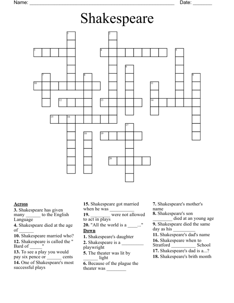 Shakespeare Title Starter Crossword Prntbl concejomunicipaldechinu gov co