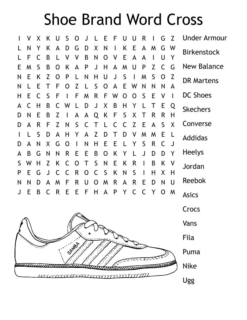 Shoe Brand Word Cross Word Search WordMint