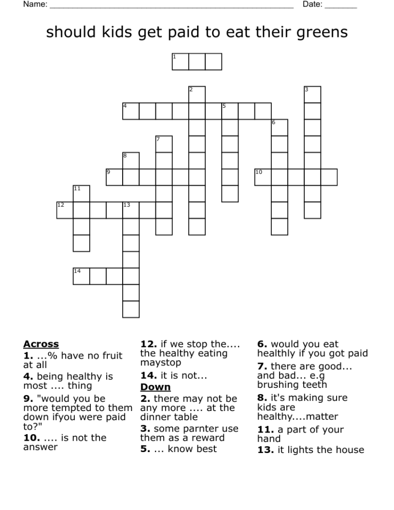 Should Kids Get Paid To Eat Their Greens Crossword WordMint