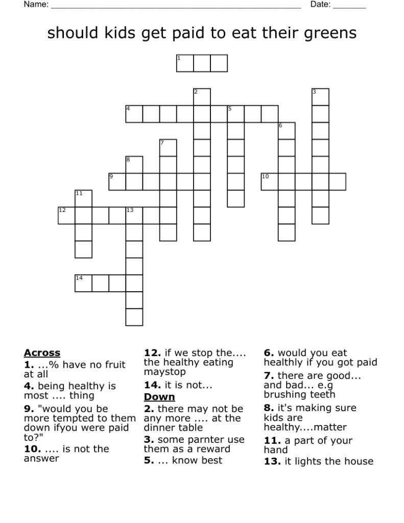 Should Kids Get Paid To Eat Their Greens Crossword WordMint