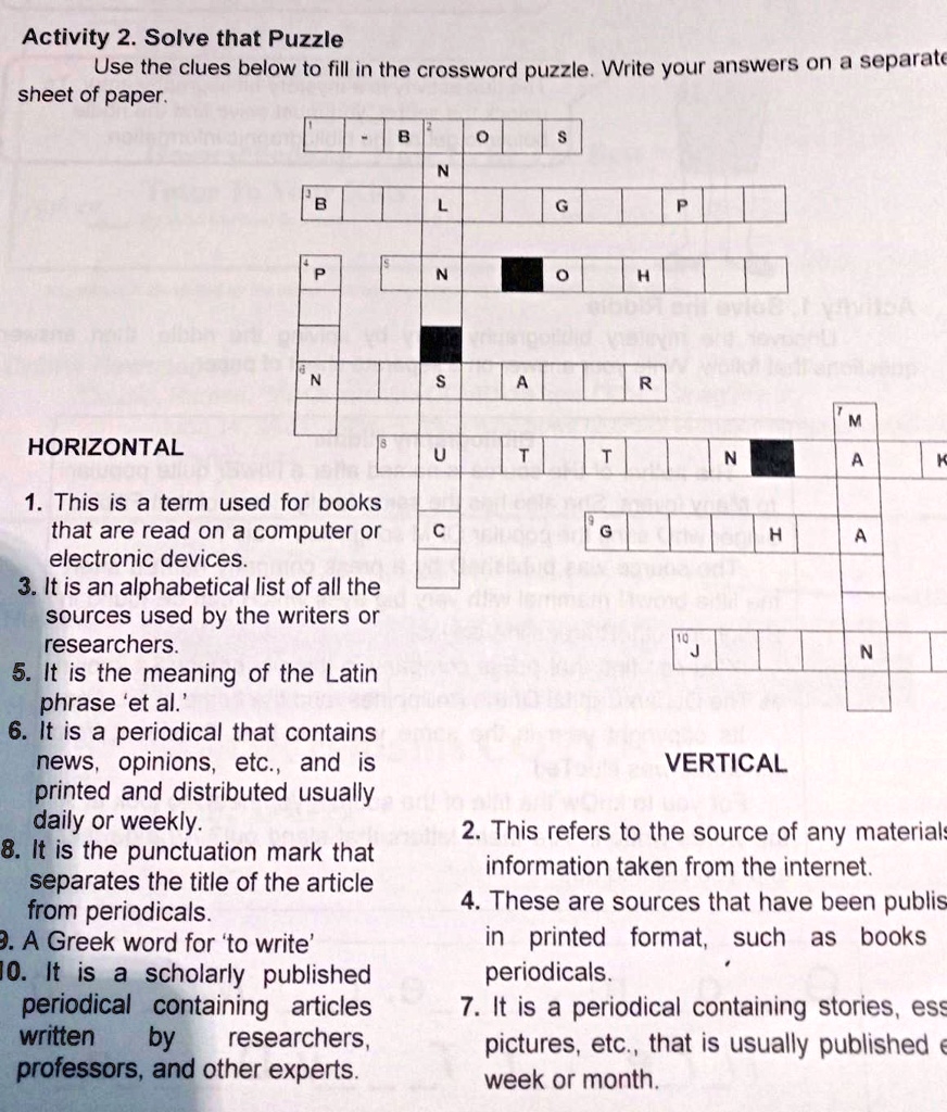 SOLVED use The Clues Below To Fill In The Crossword Puzzle Activity 2 