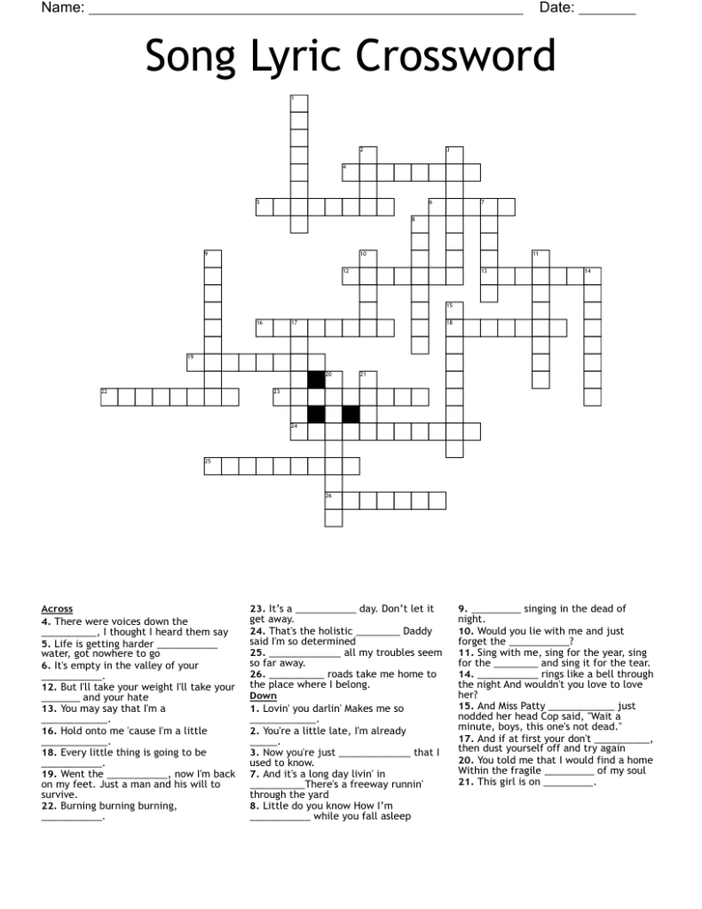 Song Lyric Crossword WordMint