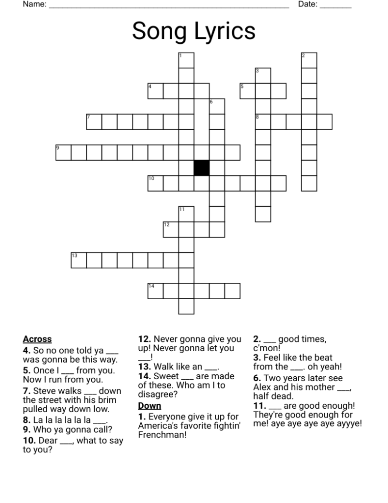 Song Lyrics Crossword WordMint