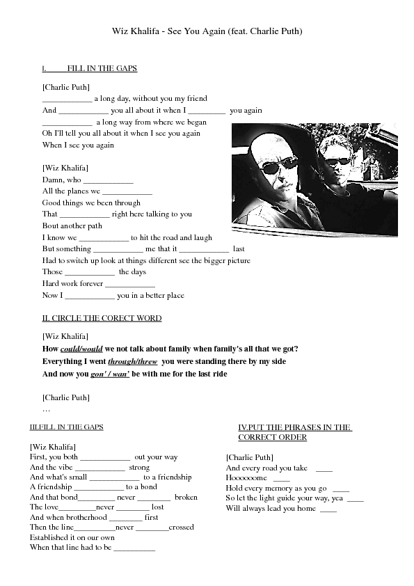 Song Worksheet See You Again By Wiz Khalifa Fast And Furious 7 