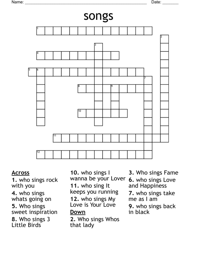 Songs Crossword WordMint