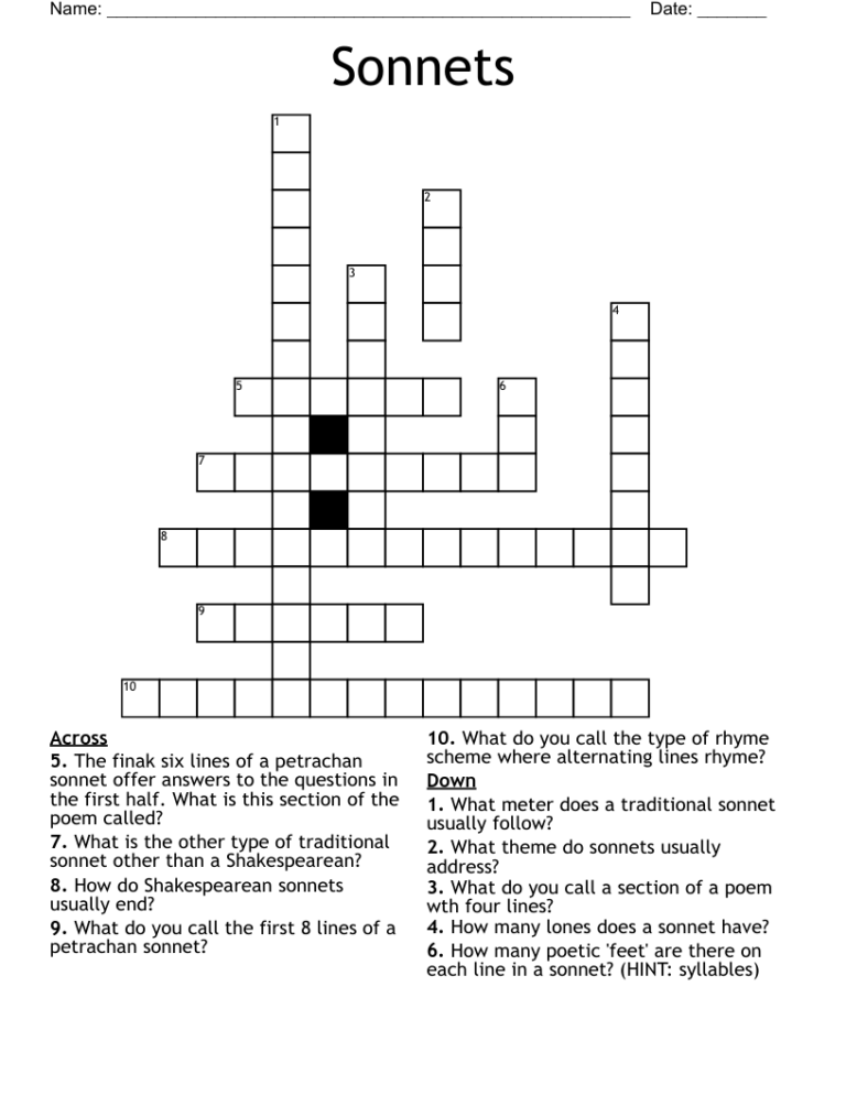 Sonnets Crossword WordMint